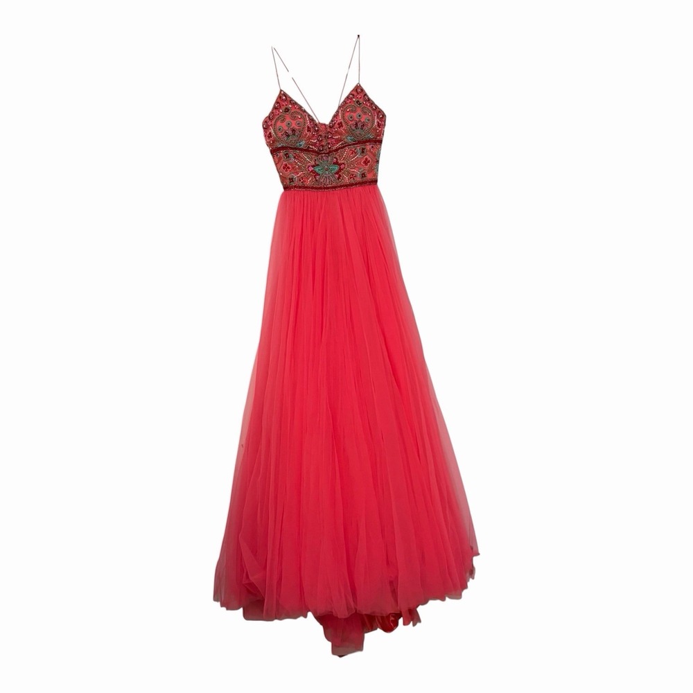 Sherri Hill 50474 A Line Maxi Formal Dress Red Pink Tulle 2 Beaded Homecoming - Picture 3 of 12